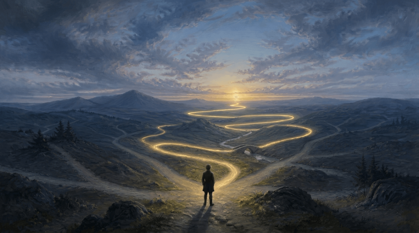 A figure stands above a valley at dusk, facing several forking trails where only one path glows, lit against the dark hillside